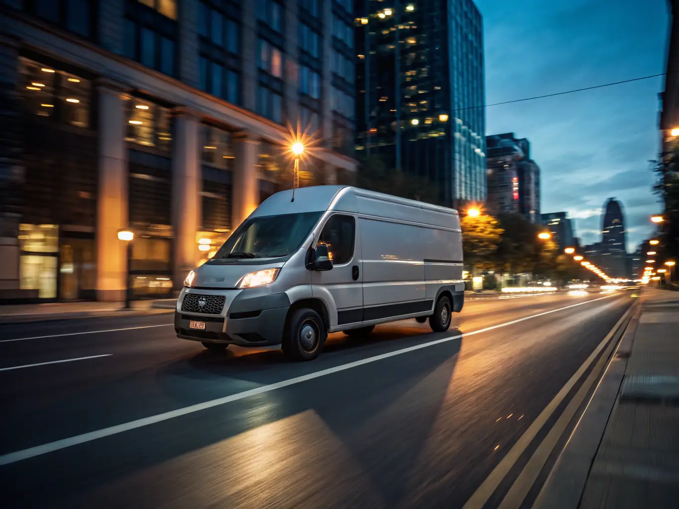A delivery truck speeding through a cityscape with a clock icon emphasizing speed, representing the express delivery solutions.