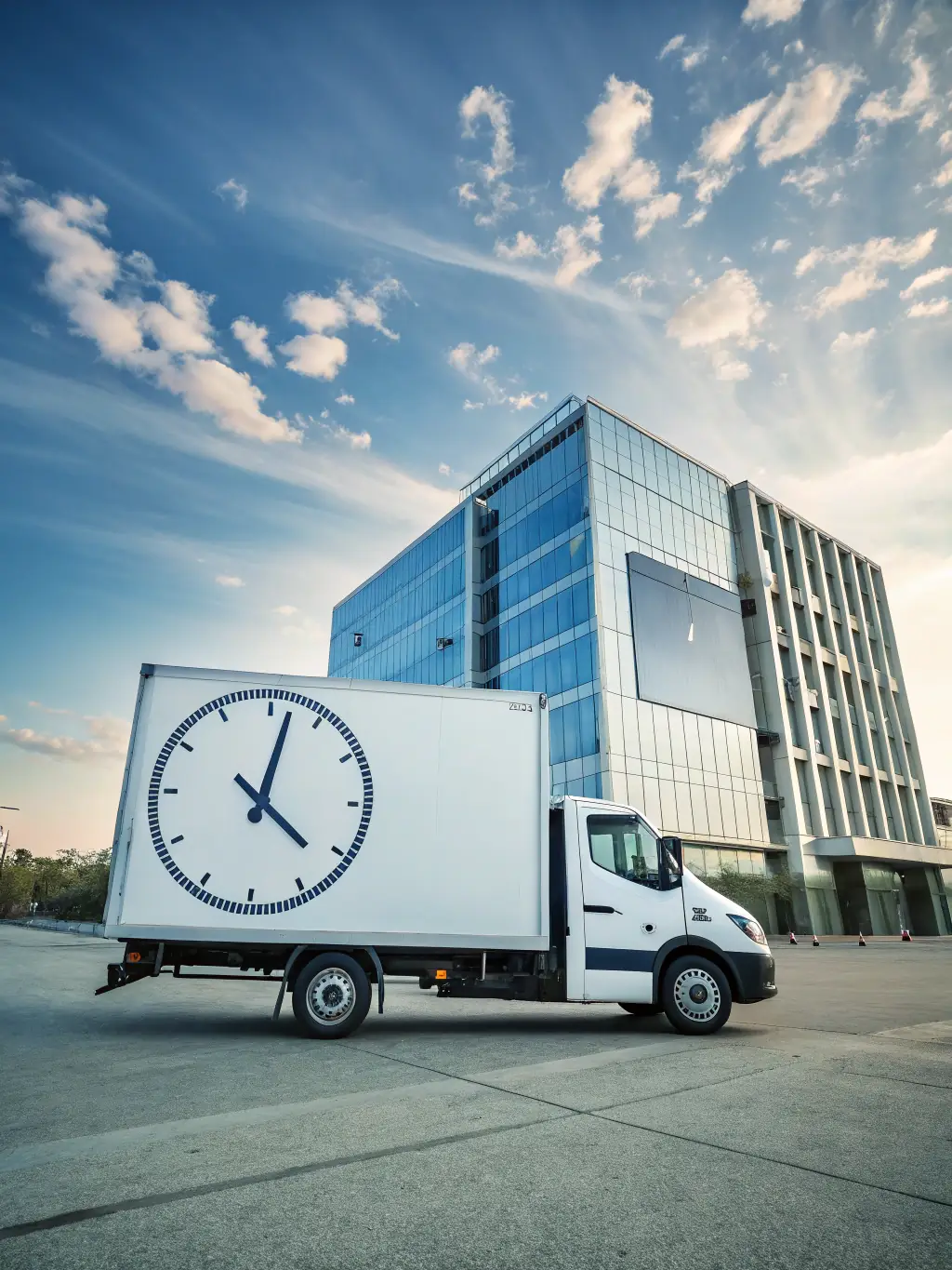 A delivery truck speeding through a cityscape with a clock icon emphasizing speed, representing Track Logis Bol's express delivery solutions.