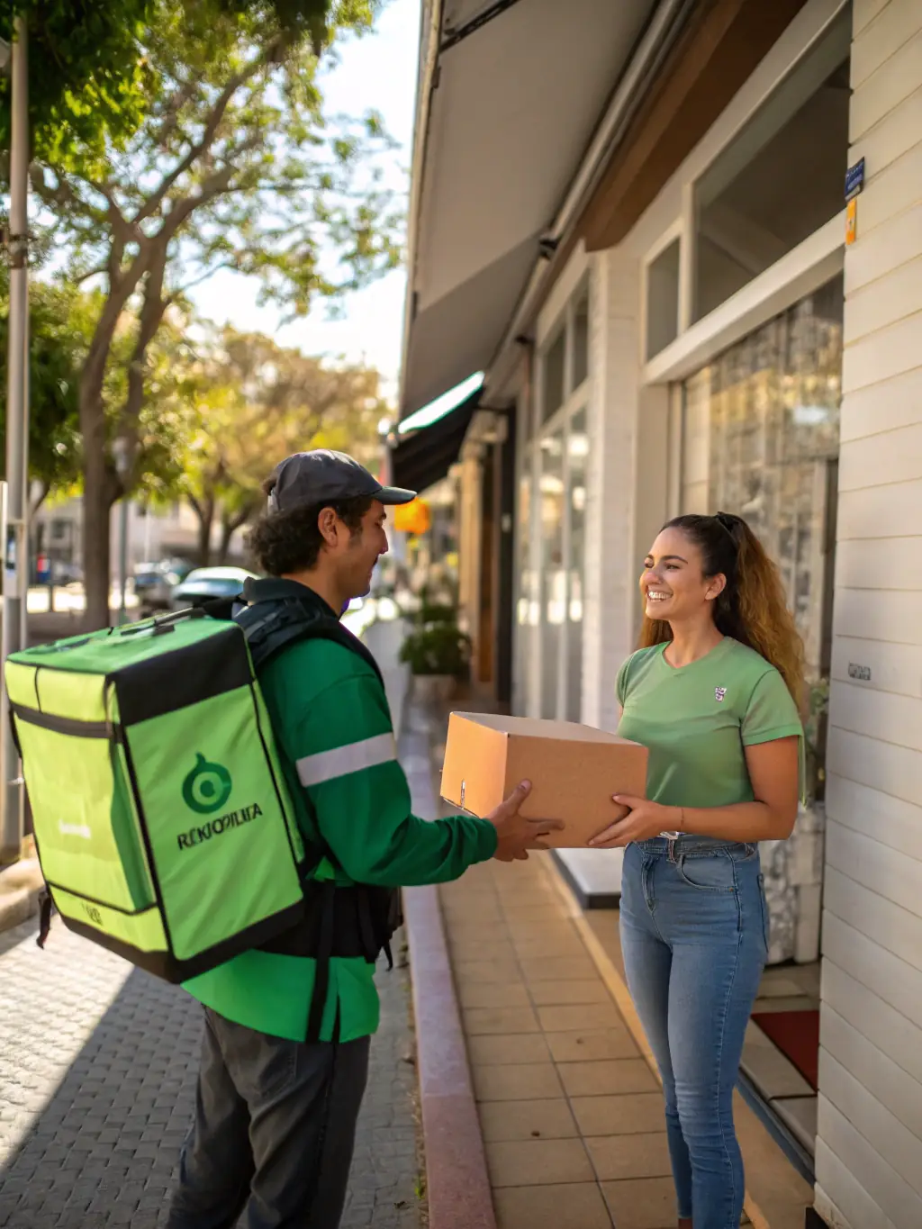 A delivery person handing over a package to a customer at their doorstep, illustrating Track Logis Bol's last mile delivery service.