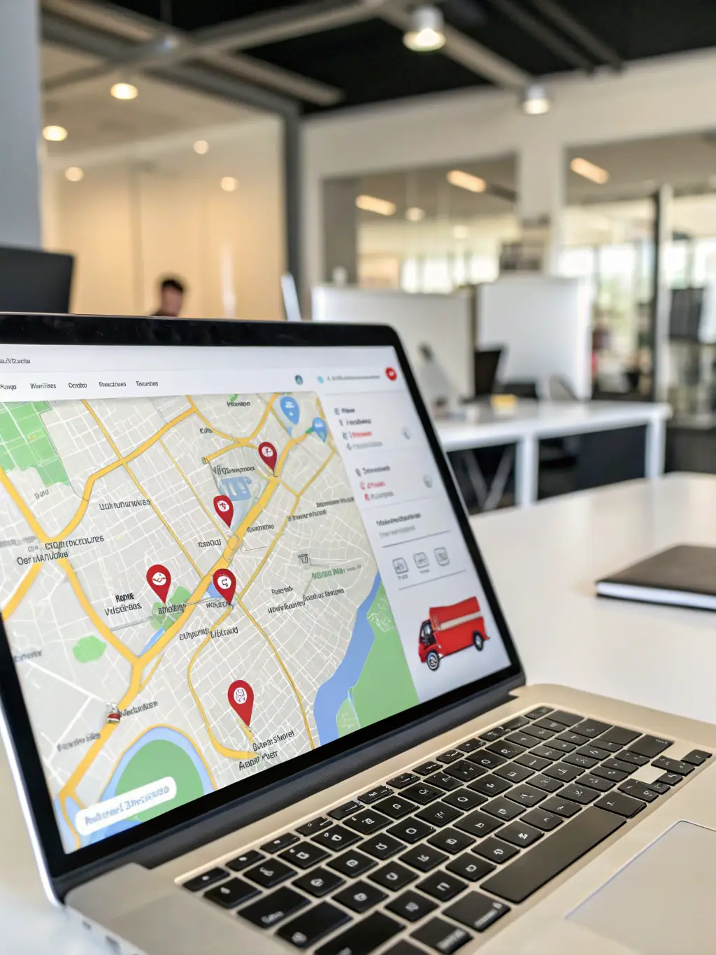 A detailed image of a GPS tracking interface showing a map with real-time location markers of several delivery trucks, highlighting the precision and accuracy of Track Logis Bol's tracking system.