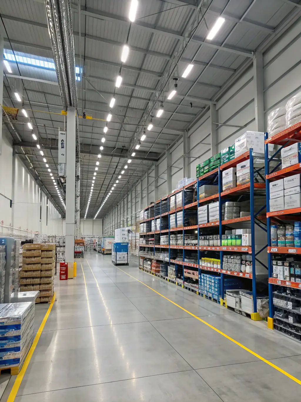 A high-tech warehouse management system interface with data visualizations showing optimized inventory levels and efficient storage solutions, highlighting the smart warehousing capabilities.